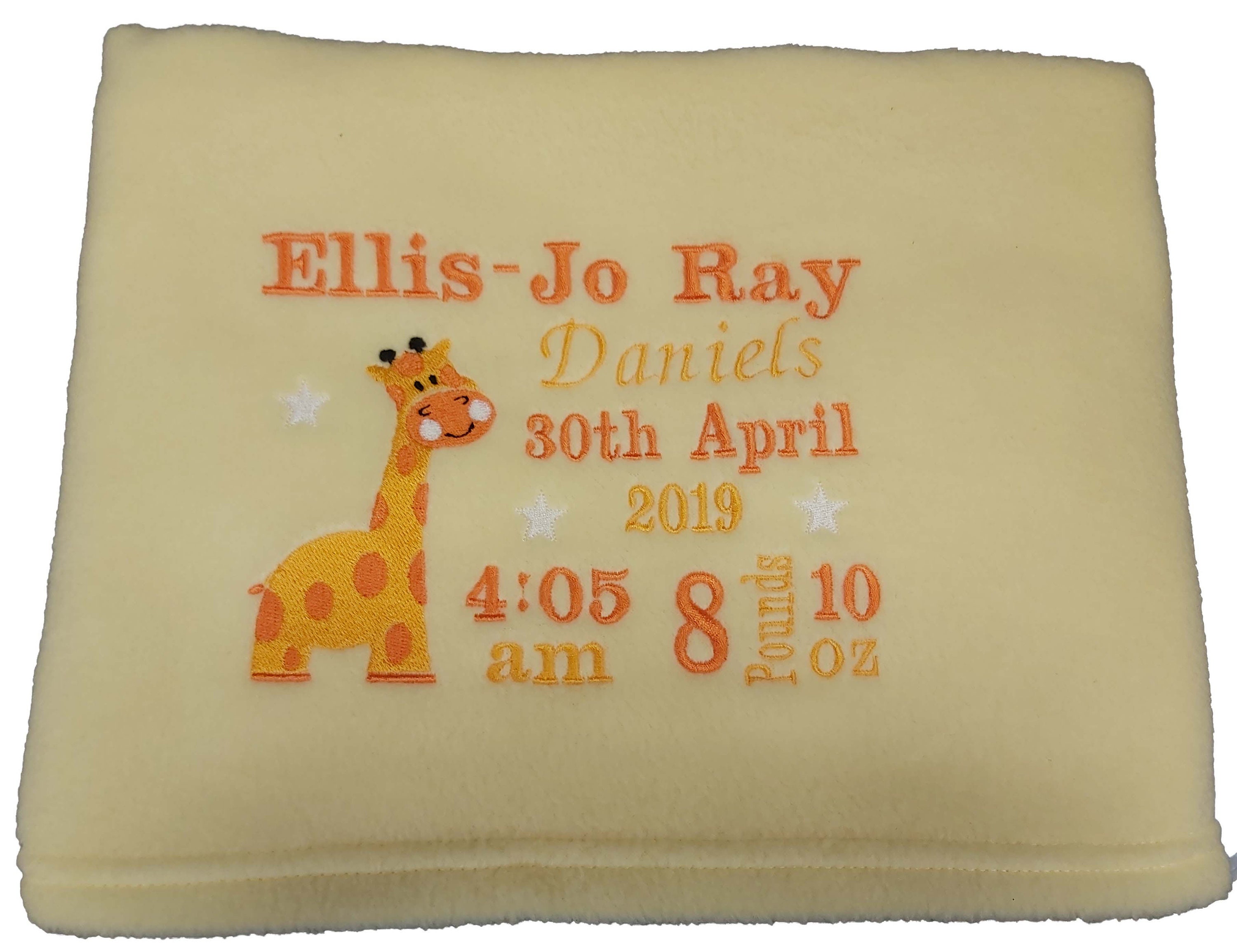 Personalised Baby Blanket Embroidered Fleece Giraffe All Babies Birth Details 