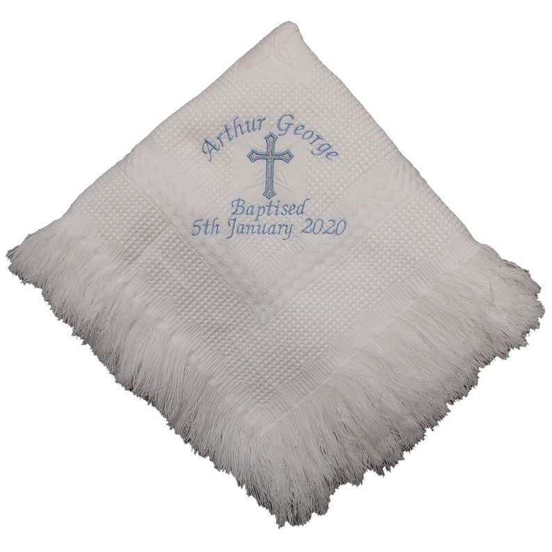 Personalised christening baptism shawl blanket with big cross embroidered in colour of your choice image 3