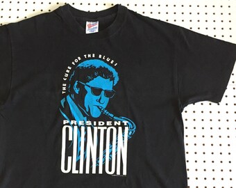 Années 90 BILL CLINTON BLUES t shirt xl made in usa 1992 saxophone jazz président vintage bill clinton usa america monica lewinsky weed pot mary