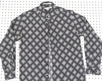 Années 90 HALF TONE motif bouton vers le haut chemise soie perry ellis medium vintage motif confitures world versace demi-teinte tout ove imprimé chemise champignons acide
