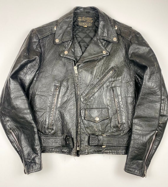 1970s sears leather shop motorcycle jacket size 40 bi… - Gem