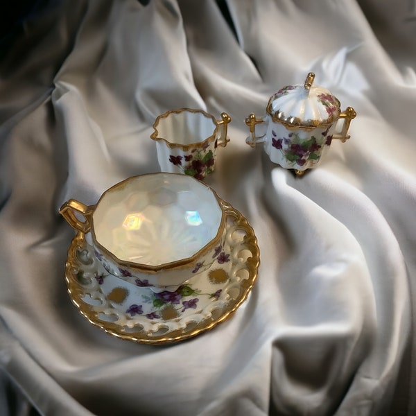 Napco Hand Painted China, Teacup and Saucer with Creamer and Sugar Bowl. Estimated 1930s, Violet themed set