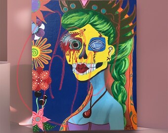 Razed by Pain, by Jeanmarie Warren, acrylic painting, art, original piece, signed, goth, day of the dead, Dia de Los Muertos