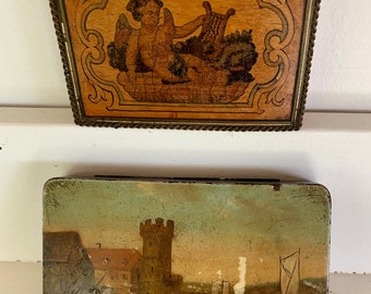 Free shipping Two 18thc snuff boxes tole peinte and one marquetry angel
