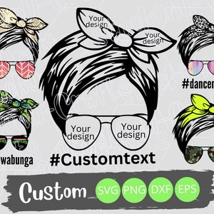 Puede incluir: Un diseño digital que presenta una silueta personalizable de una persona con el pelo corto que lleva una bandana y gafas de sol. El diseño incluye varias opciones diferentes para la bandana y las gafas de sol, incluyendo una bandana verde con un diseño de tortuga, una bandana amarilla, una bandana de estampado de leopardo y una bandana rosa y azul. El texto "#kowabunga", "#dancemom" y "#Customtext" se incluye en el diseño.