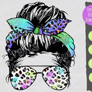 May include: A black and white silhouette of a woman with a messy bun and sunglasses. The bun is decorated with a colourful bandana with a leopard print. The sunglasses have a leopard print with colourful accents.