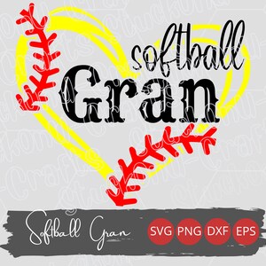 Softball Gran Heart e Laces SVG, design de sublimação de softball feminino, design de camisa da liga infantil da família, design de presente de dia das mães