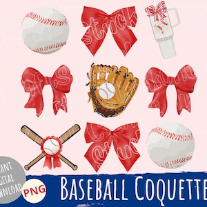 May include: A digital illustration featuring baseball-themed elements. The image includes baseballs, red bows, a baseball glove, crossed bats, and a tumbler. The text "BASEBALL COQUETTE" is displayed at the bottom, with "INSTANT DIGITAL DOWNLOAD PNG" in a circle.