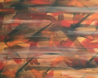 May include: Abstract painting with a mix of orange, red, brown, and green brushstrokes. The background is a light gold color.