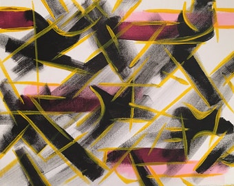 21 - Black, white, yellow & pink,  abstract acrylic painting, 11x14
