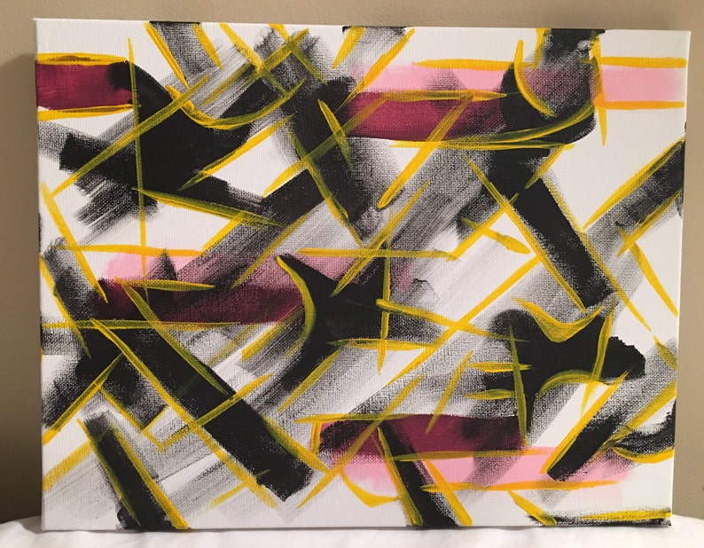 21 Black, white, yellow & pink, abstract acrylic painting, 11x14 image 1