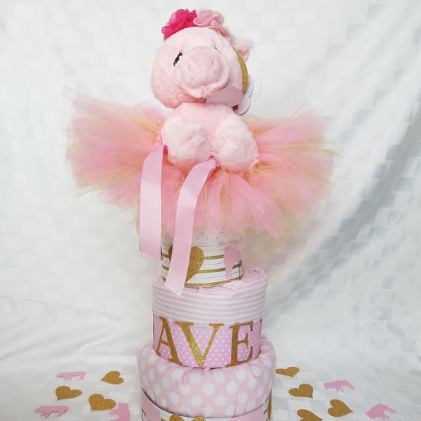 Pink and Gold Piggy, Customizable Diaper Cake With Free 25 Piece Table Confetti in Your Theme