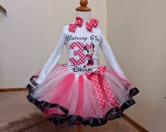 Personalized Minnie Mouse Birthday Tutu Outfit With Minnie Mouse Ears or Matching Bows