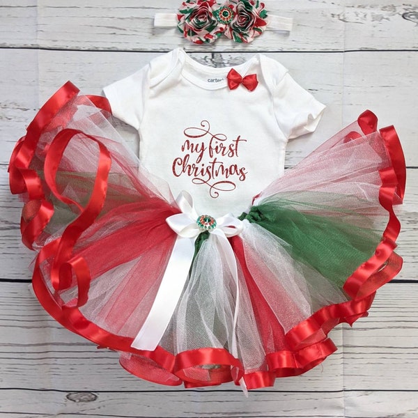 Mi primer traje de tutú de Navidad rojo, blanco y verde