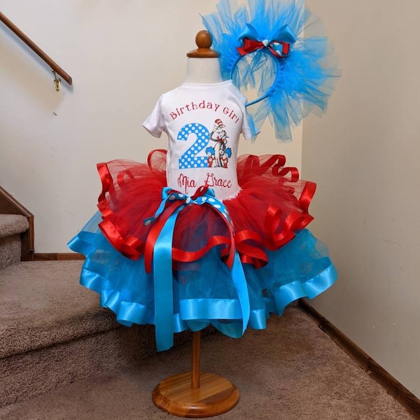 Personalized Dr. Seuss Cat and the Hat Birthday Tutu Outfit With Thing Headband