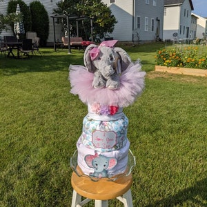 Pink Elephant Three Tier Diaper Cake with Tutu, Headband and Hair Clips