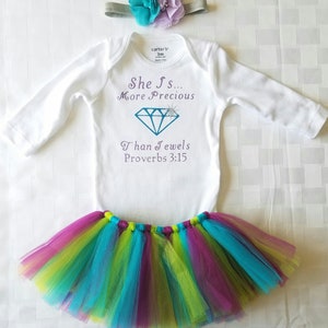 Bright Blue and Purple She Is More Precious Than Jewels Baby Tutu Outfit, Proverbs 3:15