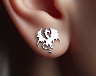 Solid Gold or Minimalist Dragon Stud Earrings: Sterling Silver Medieval Jewelry