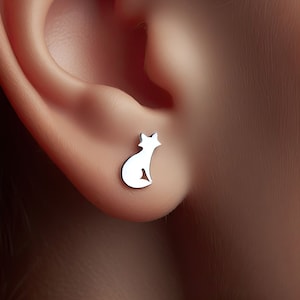 Pendientes de zorro dorado, Joyería de zorro minimalista plateada, Pendientes de zorro dorado, Joyería de zorro, Regalo de zorro, Pendientes de amante de zorro de oro blanco