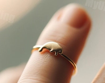 Minimalistische lamantijn ring geel gouden lamantijn ring sierlijke lamantijn ring zeeleven sieraden nautische lamantijn minnaar cadeau sieraden