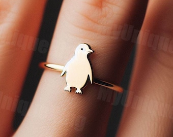 Anello minimalista a forma di pinguino in oro giallo, anello con design a forma di pinguino, delicato anello a forma di pinguino, gioielli per amanti dei pinguini, regalo a forma di pinguino