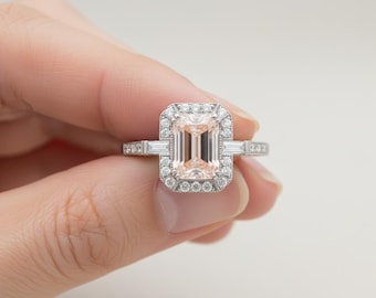 2 Carat Lab Grown Pink Diamond Art Deco Engagement Ring - Emerald Cut Pink Diamond in 18k White Gold