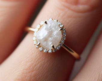 Raw Diamond Engagement Ring: 10k Gold Halo Ring with Lab-Grown Diamonds