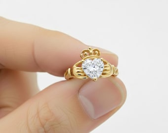 10K Yellow Gold Claddagh Ring, 6mm Heart Moissanite or Certified Lab-Grown Diamond