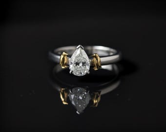 Platinum Penguin Engagement Ring: 1ct Pear Lab Grown Diamond, 18k Gold Accents