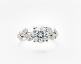 Moissanite Leaf Engagement Ring: 10k White Gold Branch Ring