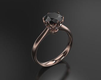 10K Rose Gold Black Diamond Engagement Ring: Cathedral Crown Setting