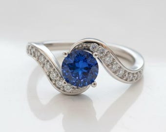 White Gold Engagement Ring: Round Sapphire & Diamonds in Solid Gold