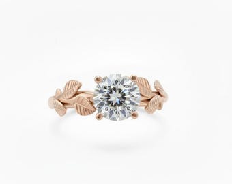 Rose Gold Moissanite Leaf Ring with Lab Grown Diamonds
