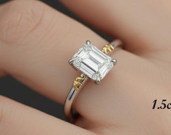 Elephant Engagement Ring: 2ct Emerald Cut Lab Grown Diamond, Platinum & 18k Gold