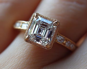 2 Carat Lab Grown Asscher Cut Diamond Art Deco Engagement Ring - 18k Yellow Gold