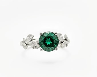 Emerald Leaf Ring: 10k White Gold Branch Engagement Ring