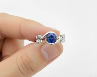 1ct Round Sapphire Engagement Ring: Solid White Gold Flower Band