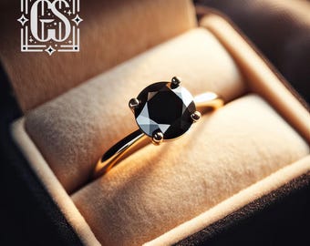 2ct Round Black Diamond Solitaire Ring: Solid Yellow Gold