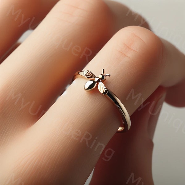 Minimalist Bee Ring Solid Yellow Gold Bee Design Ring Dainty Bee Gold Ring Nature Jewelry Bee Gift Jewelry