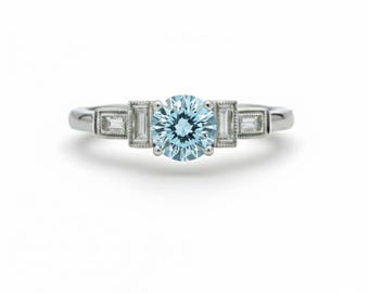 Art Deco 1ct Lab Grown Blue Diamond Engagement Ring, 18k White Gold