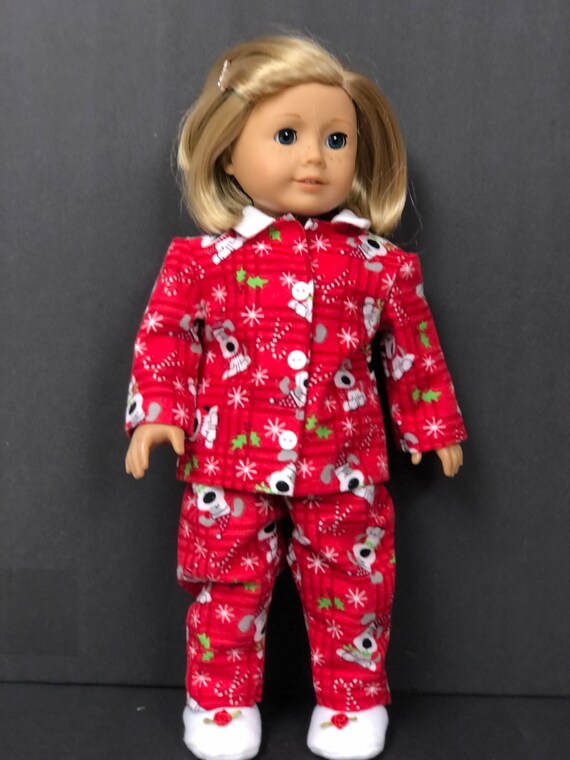 18 Doll Clothes Made to Fit American Girl Dolls Christmas Two Piece Pajamas  With Red Dog Flannel Print and Slippers Handmade 