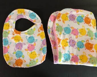 Burp Cloths (2) and Bib Set Baby girl infant burp cloths Pink Terry cloth baby shower gift Baby Chicks