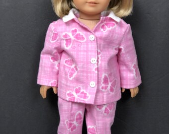 18” doll clothes made for American girl doll   Slippers and two piece pink & white butterfly Pajamas