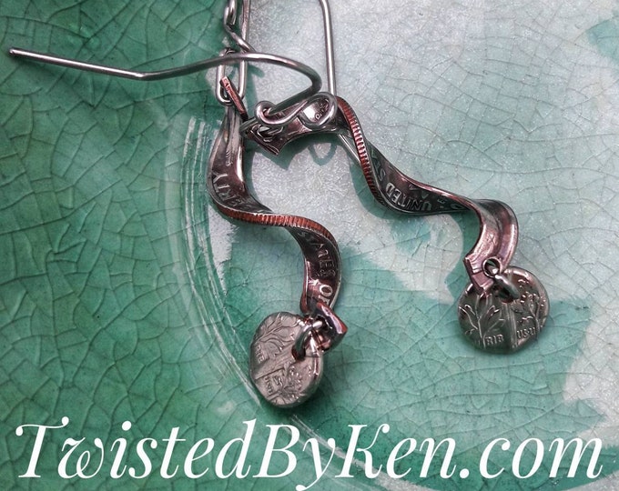 Handmade Drop & Dangle Spiral Earrings Made From Dimes, Handmade Stainless Steel Ear Wires, TwistedByKen, TBK003