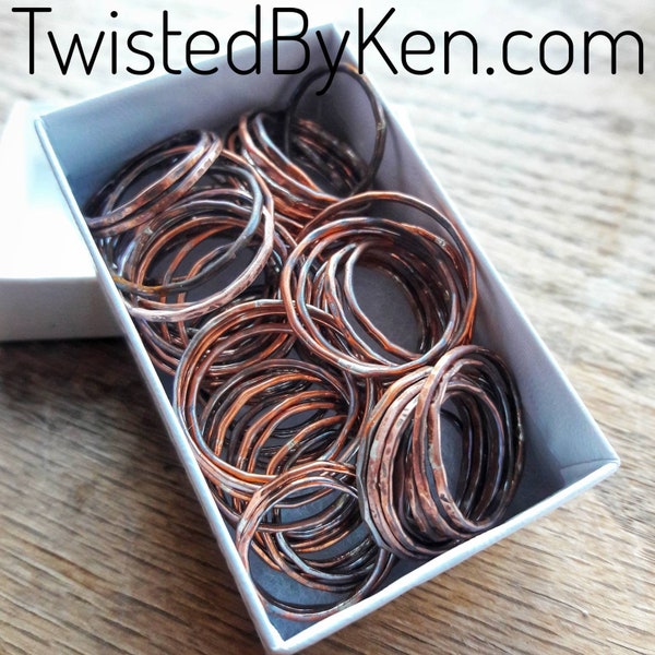 Set Of Three, Hammered-Copper Stacking Rings, Made From 16 Gauge Copper Wire, Twisted By Ken, TBK020120