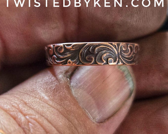 Handmade Antiqued Copper Ring, Recycled 4ga Copper, 5mm Wide Band, Scrolling Pattern