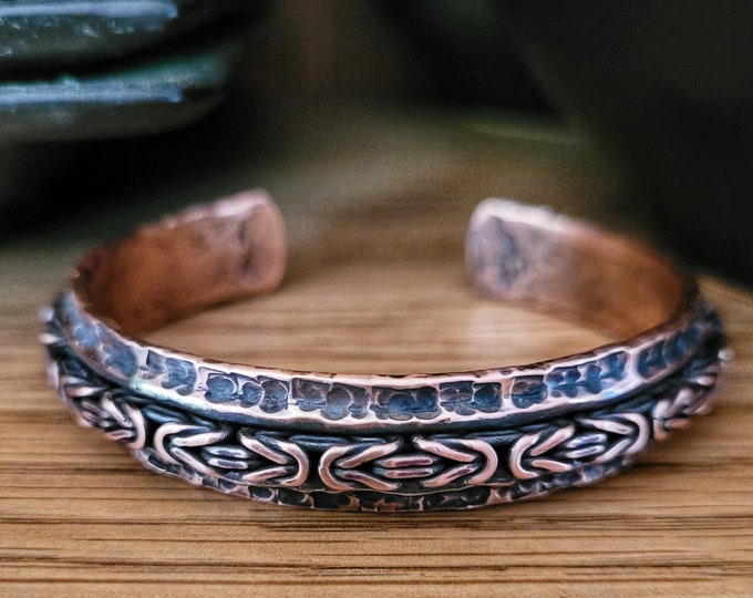 Recycled Antiqued Copper,  Cuff Bracelet, Handmade, Air Chasing & Hammered Byzantine Accent, 1/2in Width, Free Shipping TBK062