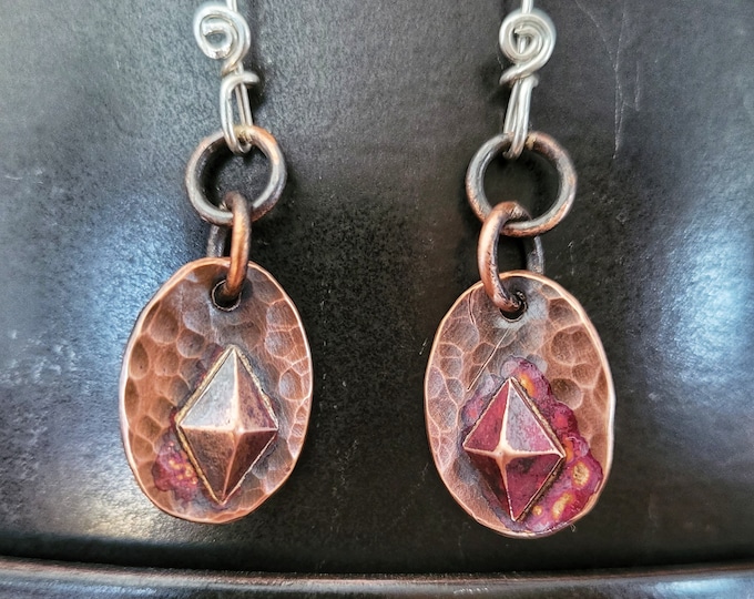 Recycled Copper Earrings, Diamond Shaped Adornment, Hammered Texture, Sterling Earwires TBK052