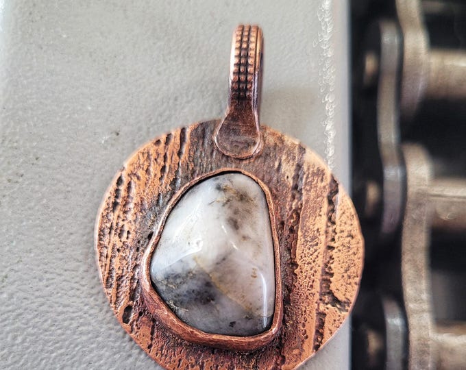 Hand Fashioned, Black & White Stone On  Round, Etched,  Antiqued Copper Bezel Pendant, Made From Recycled Copper And Found Stone.