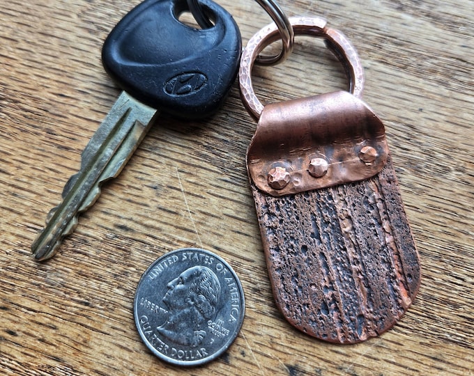 Handmade Recycled Copper, 3 Rivet, Key Fob - Hammered Wire Ring with Natural Etched Pipe - 1.25in × 2.25in - TwistedByKen